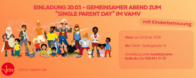 Einladung 20.03.2026: Gemeinsamer Abend zum Single Parent Day im VAMV Einladung 20.03.2026: Gemeinsamer Abend zum Single Parent Day im VAMV